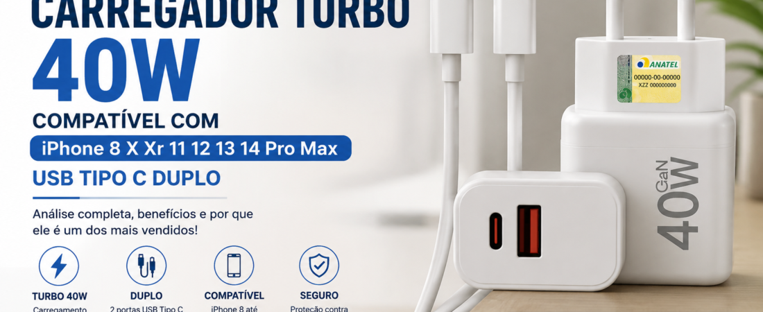 Carregador Turbo 40W Compatível com iPhone – Mais velocidade e praticidade no dia a dia
